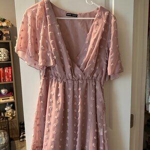 SHEIN Swiss Dot V Neck Ruffle Short Sleeve Pleated High Waist Tiered A Line